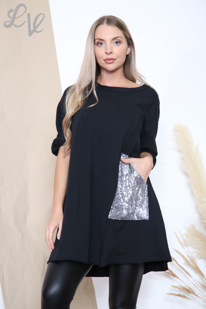 Ladies Sequin Pocket Tunic Top Black Unit Price £12.99
