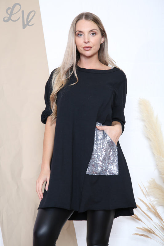 Ladies Sequin Pocket Tunic Top Black Unit Price £12.99