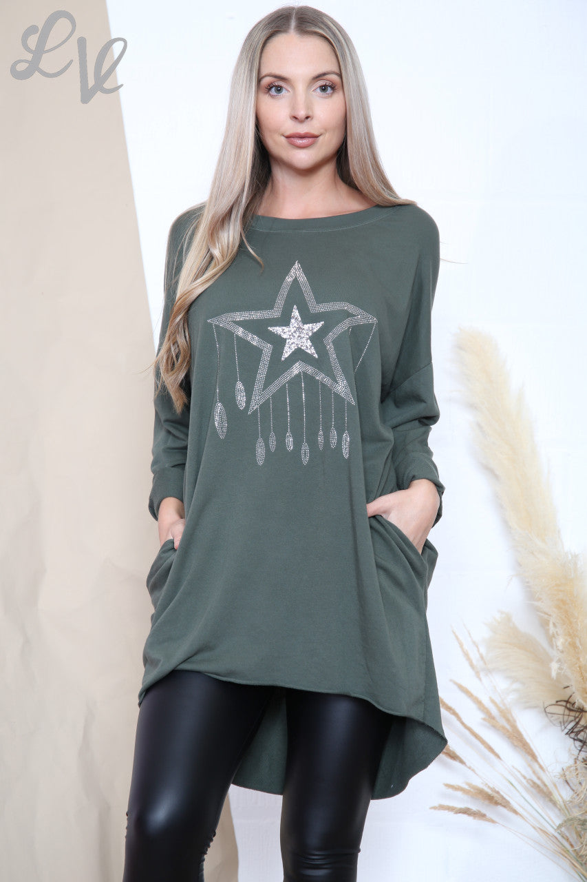 Ladies Sequin Star Drops Tunic Top Khaki Unit Price £12.99