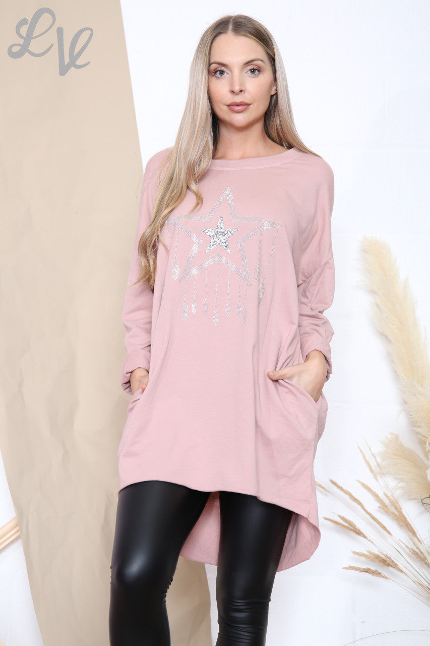 Ladies Sequin Star Drops Tunic Top Dusty Pink Unit Price £12.99