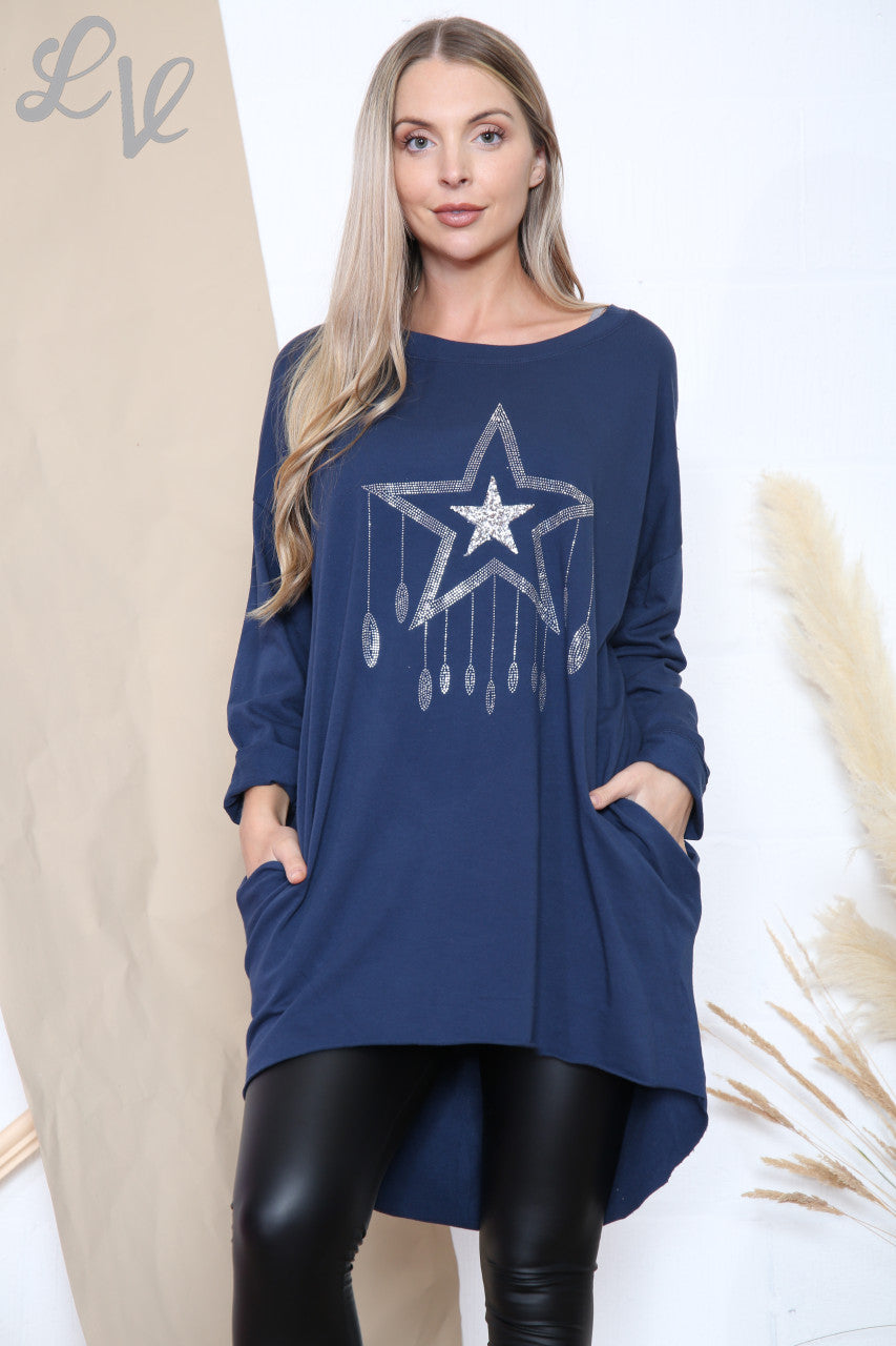 Ladies Sequin Star Drops Tunic Top Navy Unit Price £12.99