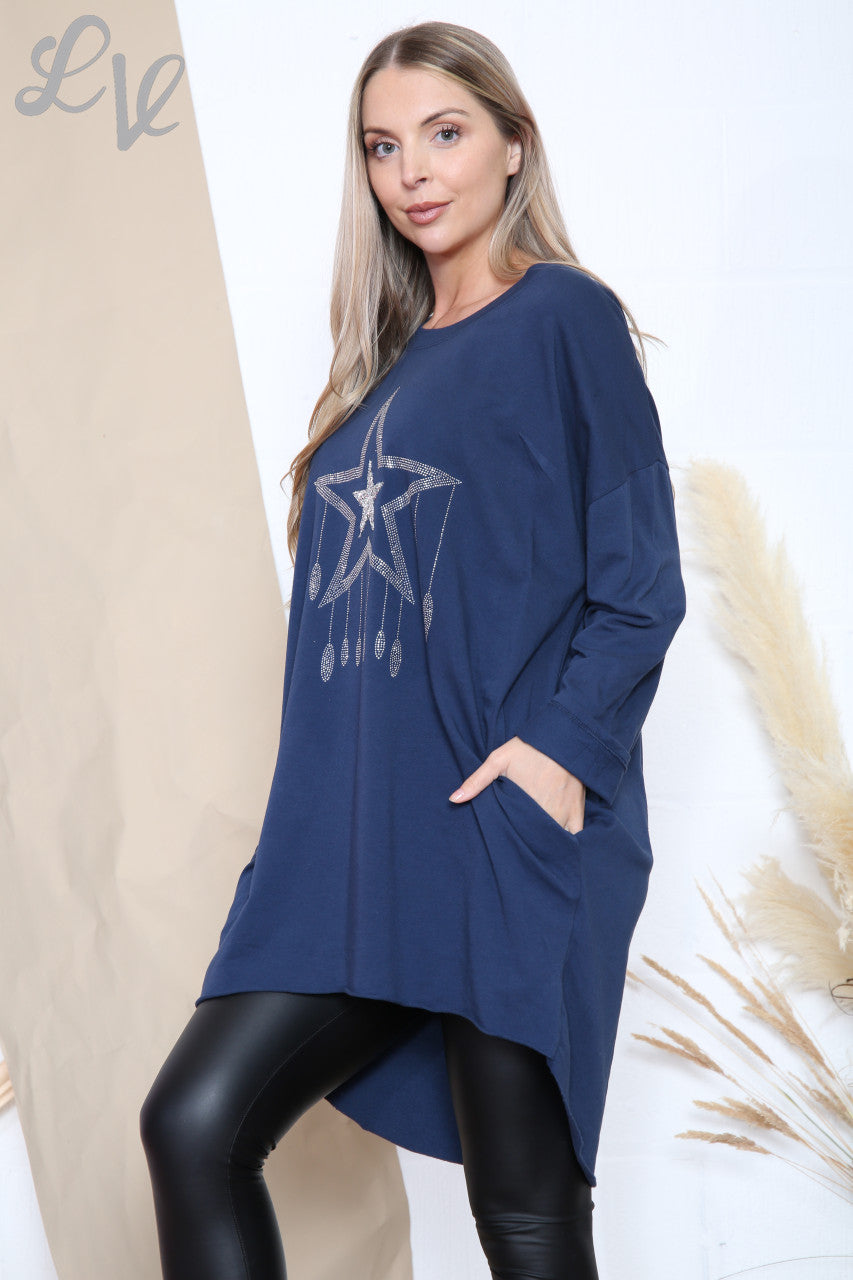 Ladies Sequin Star Drops Tunic Top Navy Unit Price £12.99