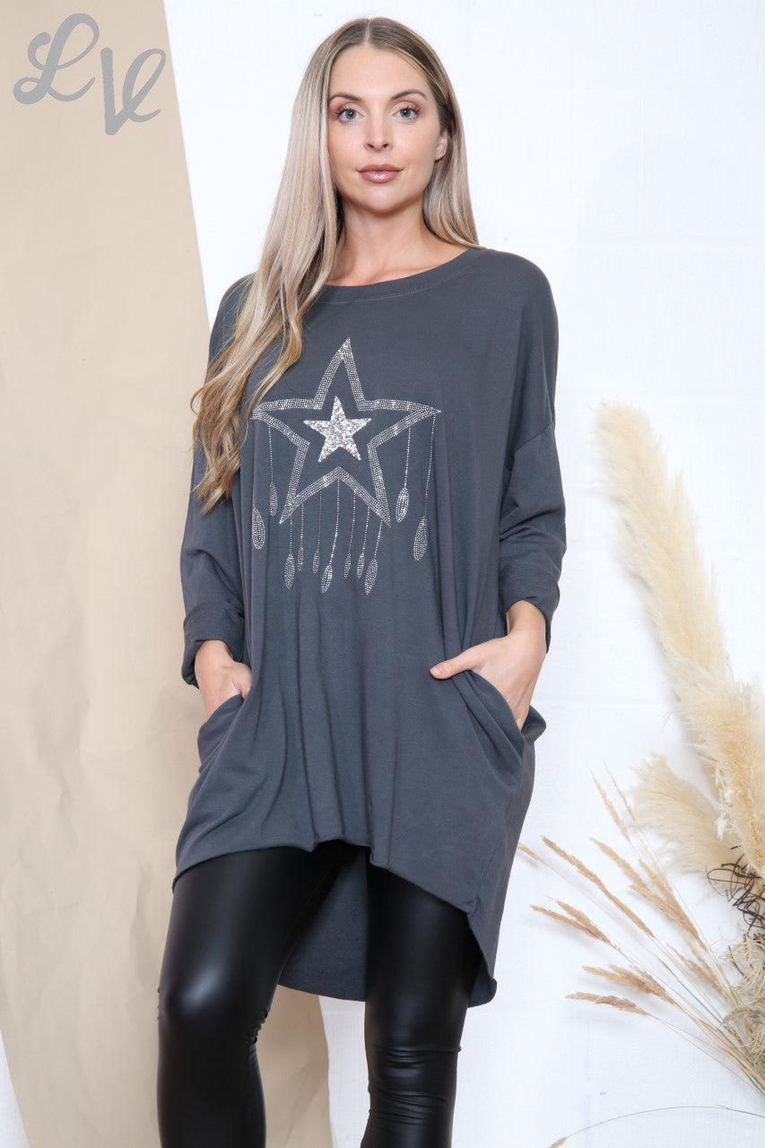 Ladies Sequin Star Drops Tunic Top Charcoal Unit Price £12.99