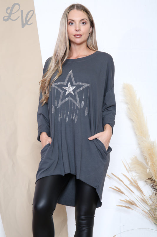 Ladies Sequin Star Drops Tunic Top Charcoal Unit Price £12.99