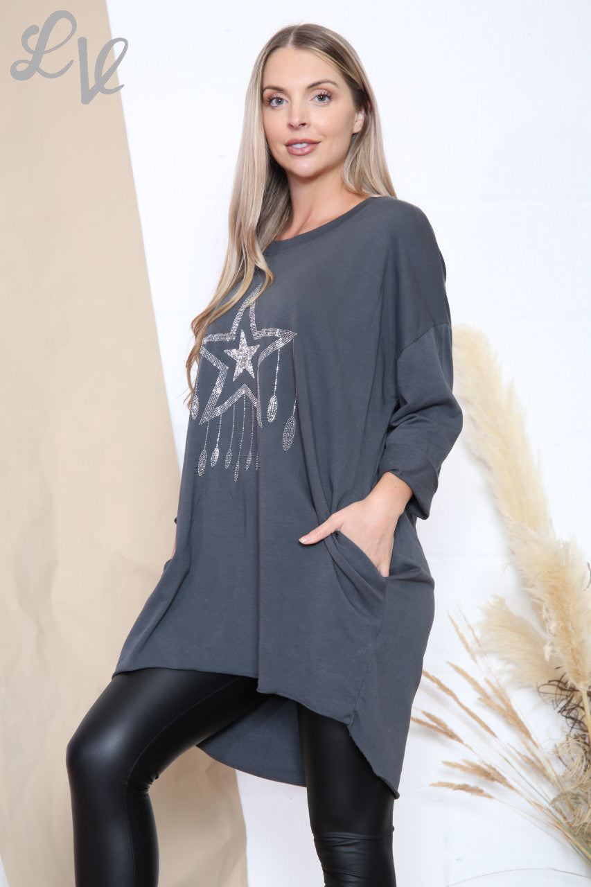 Ladies Sequin Star Drops Tunic Top Charcoal Unit Price £12.99