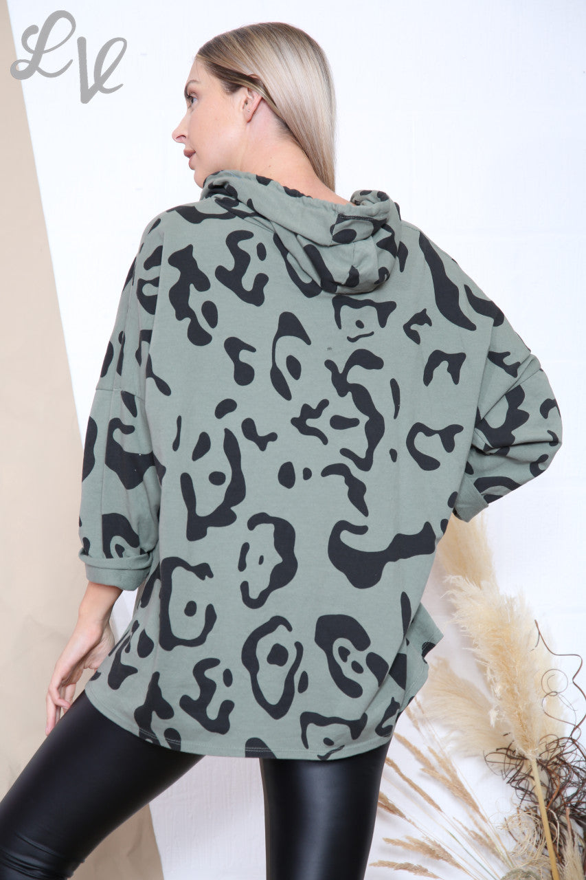 Dames Top met capuchon met abstracte dierenprint Kaki Stukprijs € 9,99