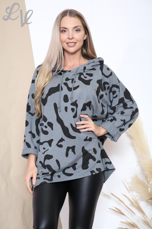 Ladies Abstract Animal Print Hooded Top Grey Unit Price £9.99