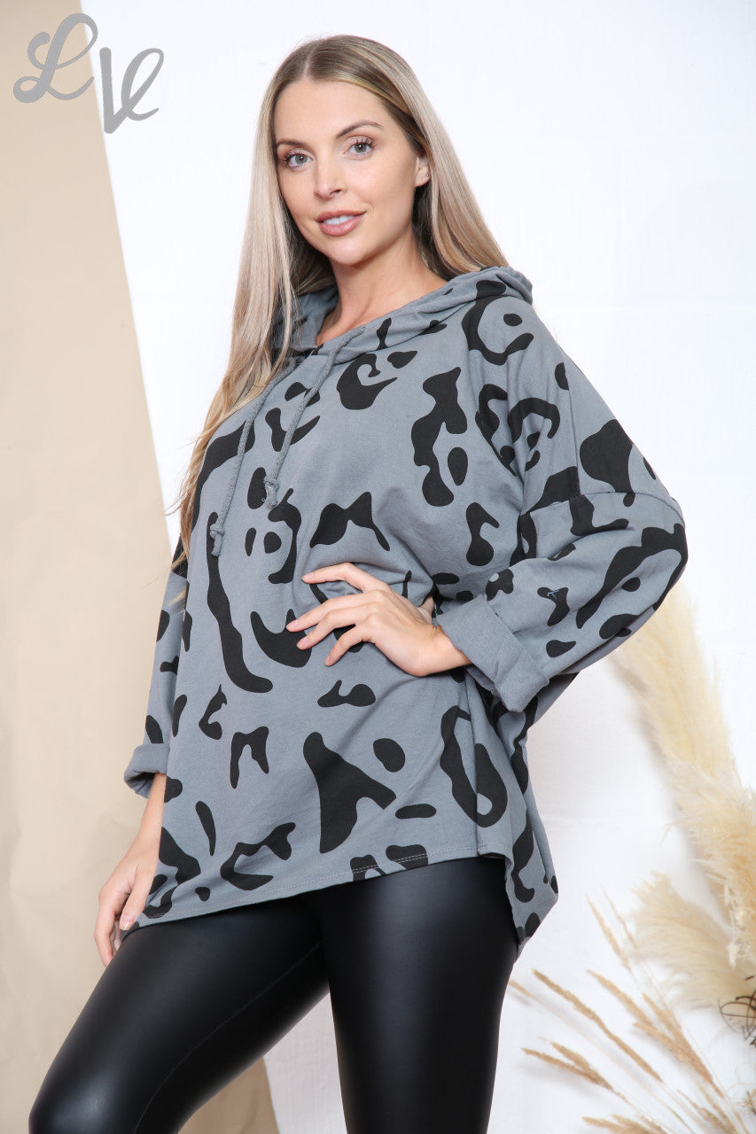 Ladies Abstract Animal Print Hooded Top Grey Unit Price £9.99