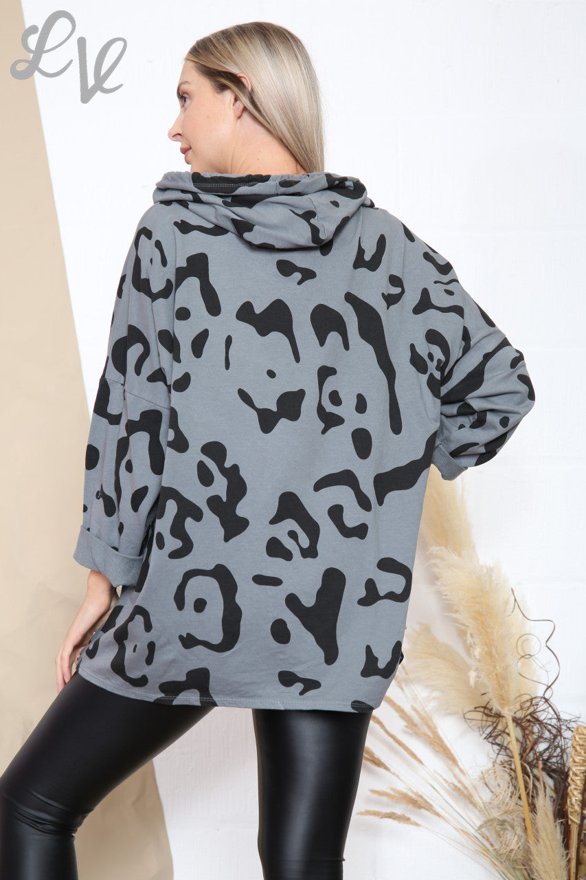 Ladies Abstract Animal Print Hooded Top Grey Unit Price £9.99