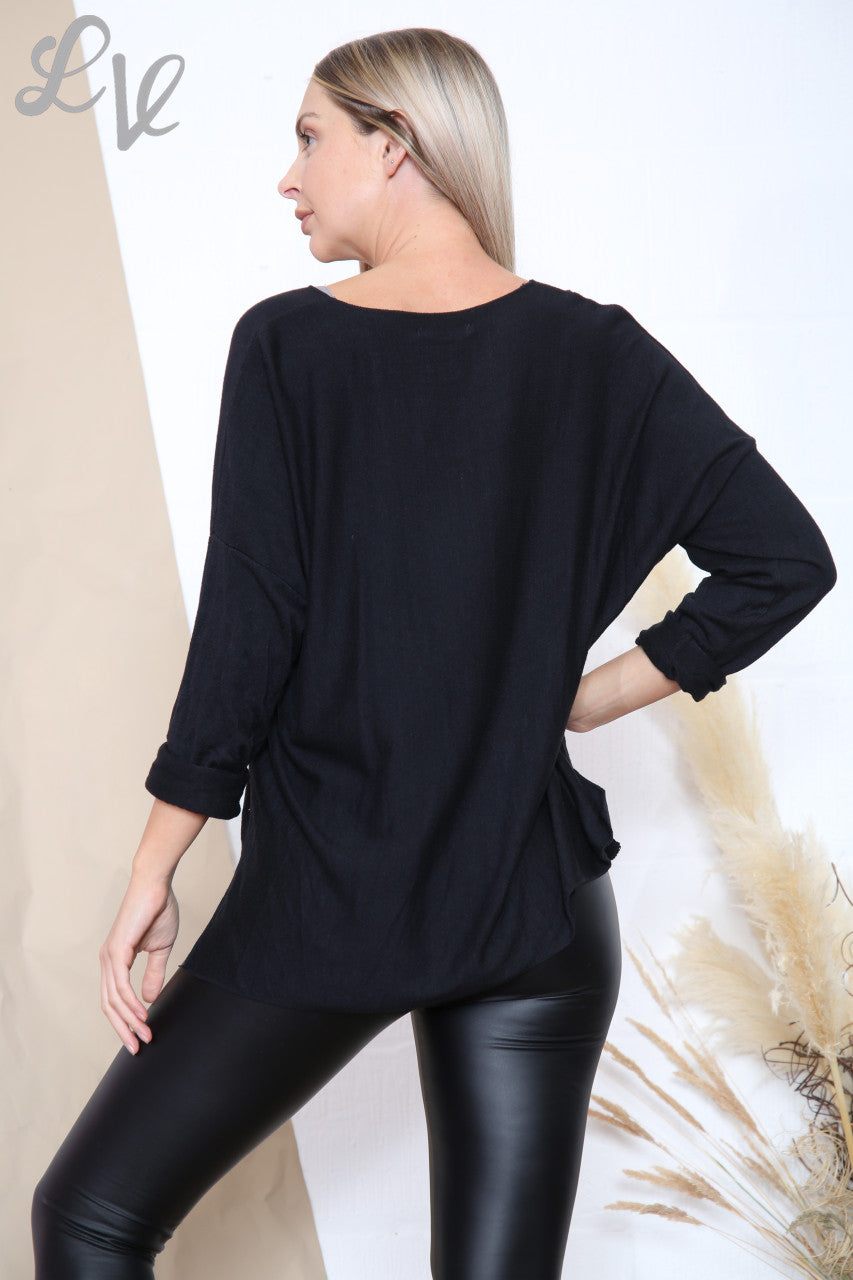 Ladies Beautiful Slogan Silver Foil Jumper Top Black Unit Price £9.99