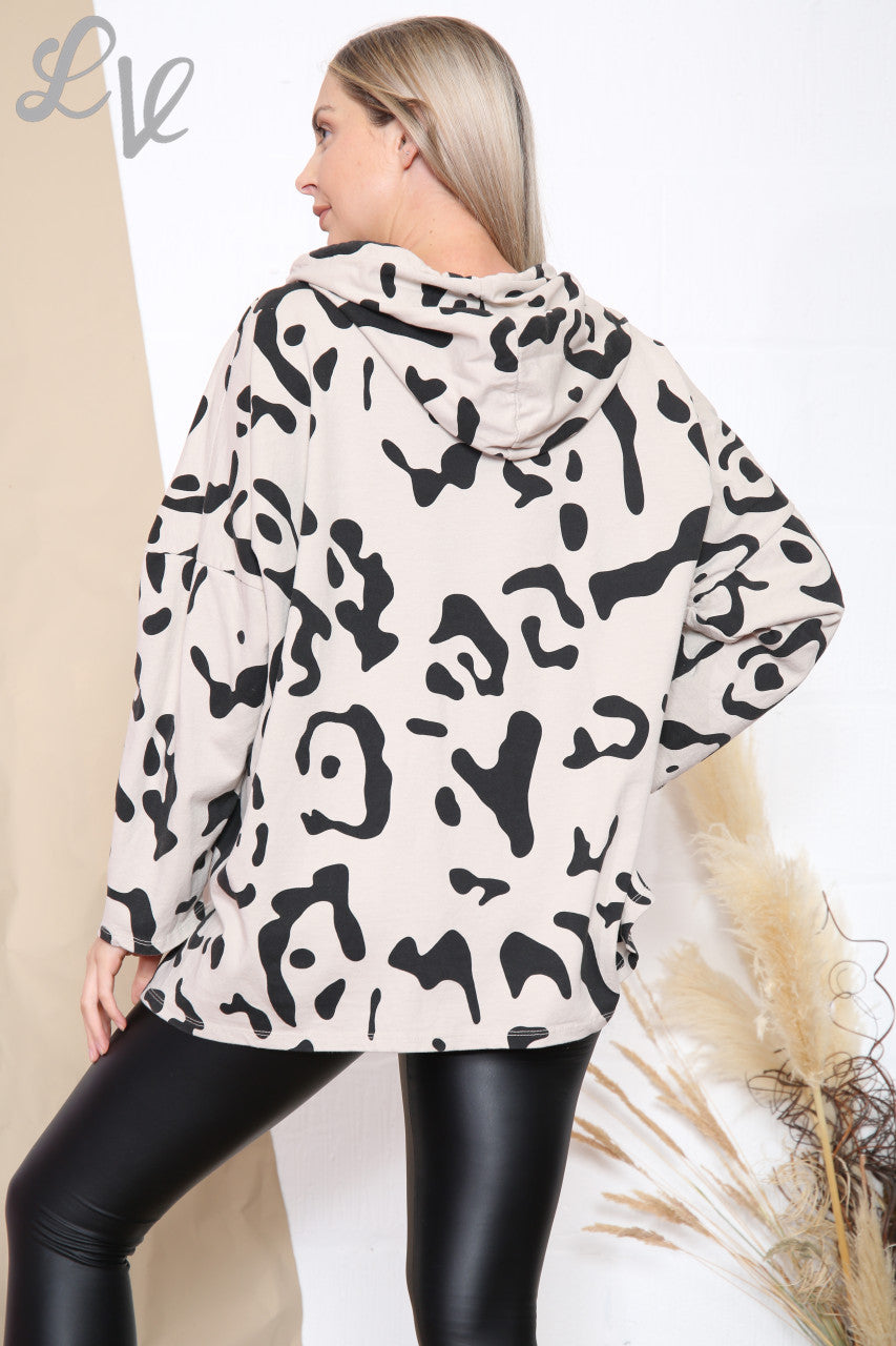 Ladies Abstract Animal Print Hooded Top Stone Unit Price £9.99