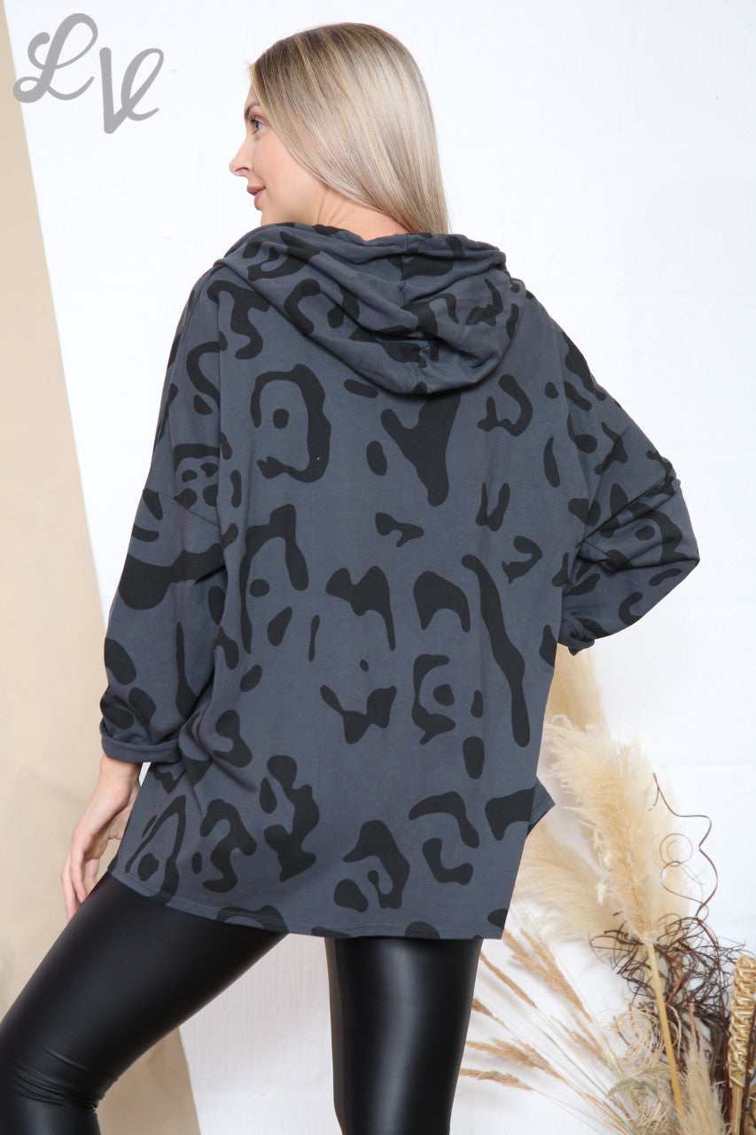 Ladies Abstract Animal Print Hooded Top Charcoal Unit Price £9.99