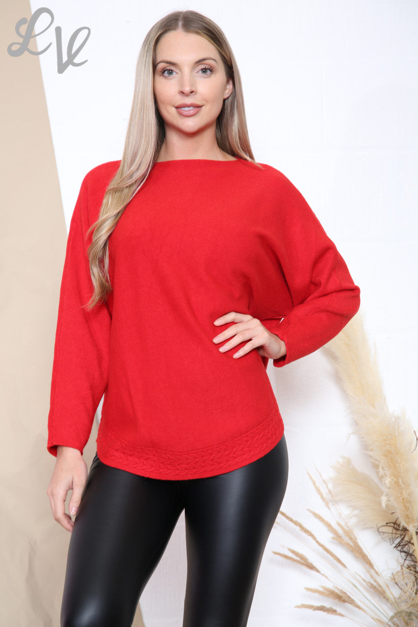 Ladies Cable Knit Hem Detail Jumper Top Red Unit Price £17.99