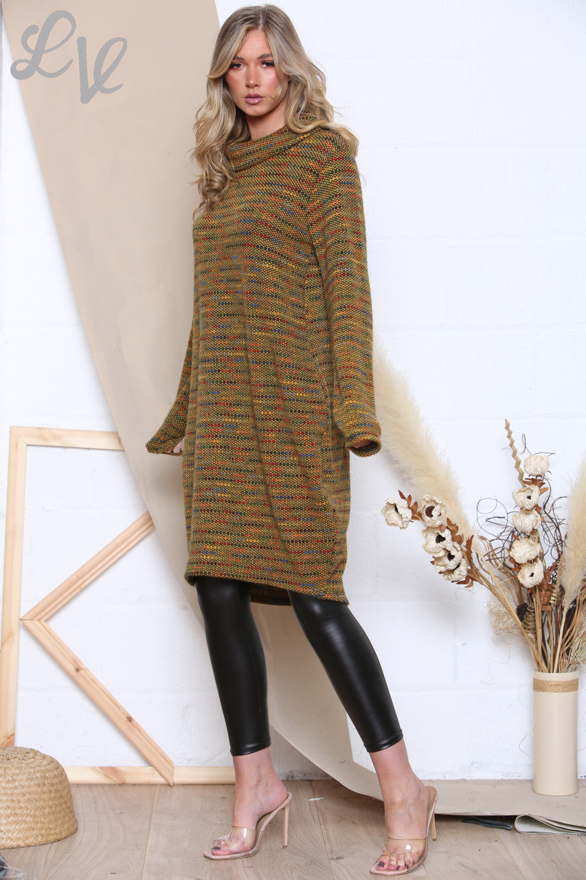 Ladies Cowl Neck Multicoloured Knitted Tunic Dress Mustard Unit Price £7.99