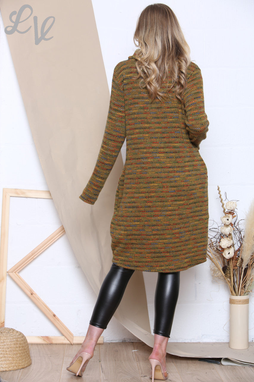Ladies Cowl Neck Multicoloured Knitted Tunic Dress Mustard Unit Price £7.99