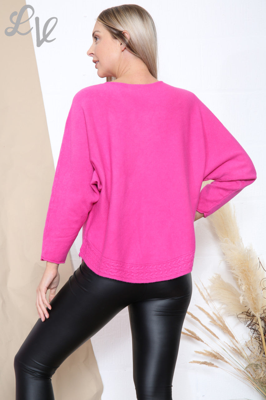 Ladies Cable Knit Hem Detail Jumper Top Cerise Unit Price £17.99