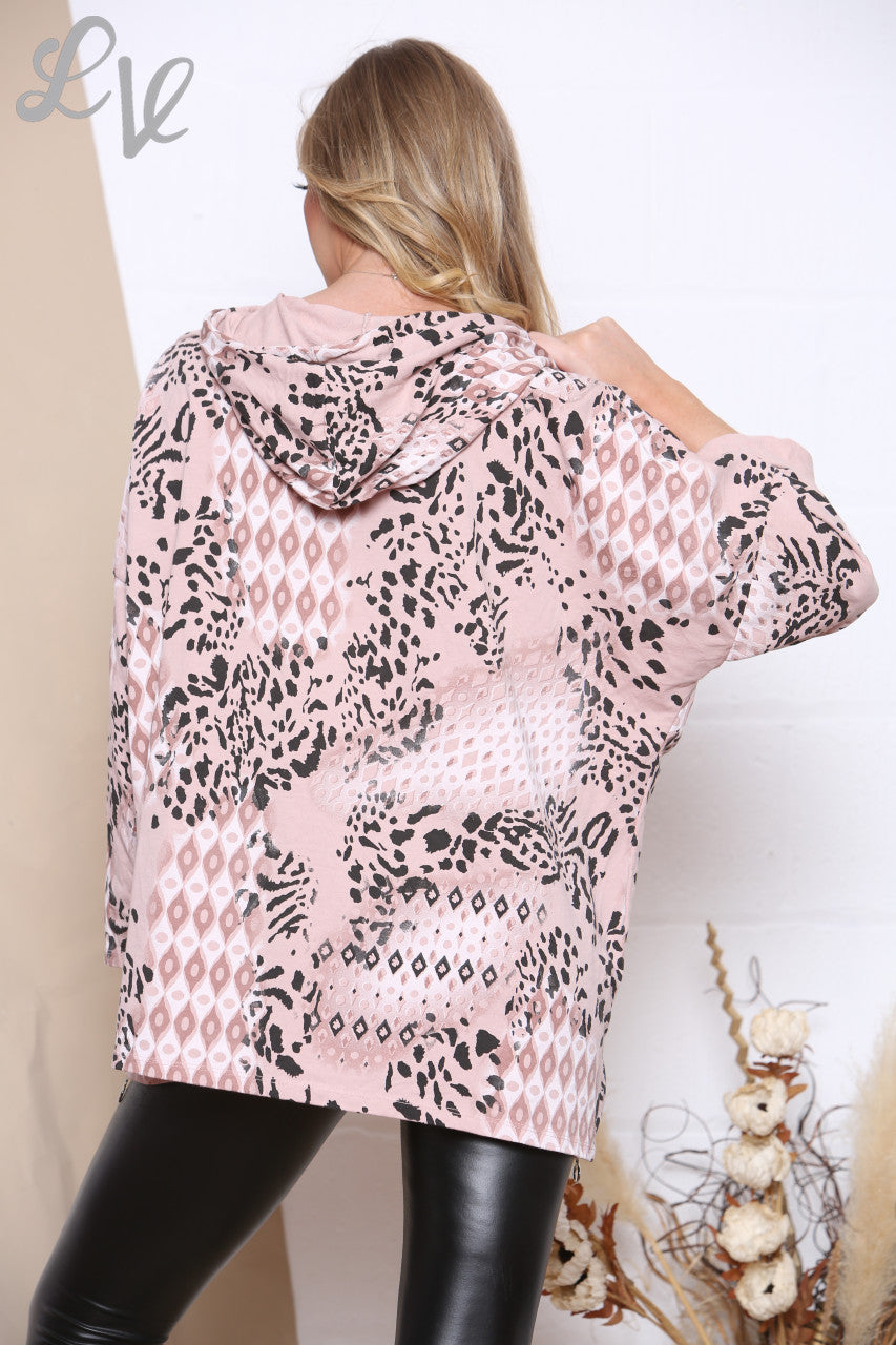 Ladies Mix Print Hooded Top Dusty Pink Unit Price £6.99