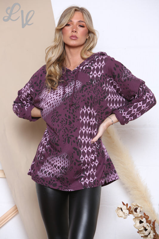Ladies Mix Print Hooded Top Burgundy Unit Price £6.99