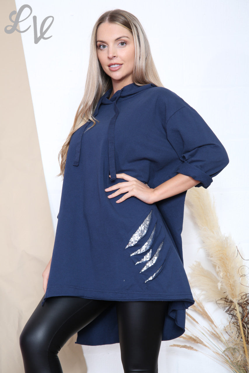 Ladies Sequin Cut Out Detail Hooded Tunic Top Navy Unit Price £12.99