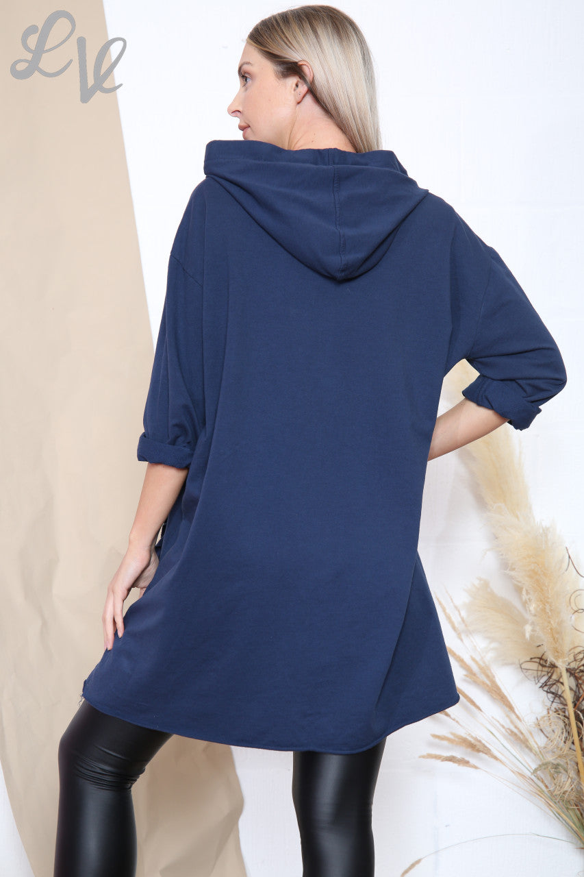 Ladies Sequin Cut Out Detail Hooded Tunic Top Navy Unit Price £12.99