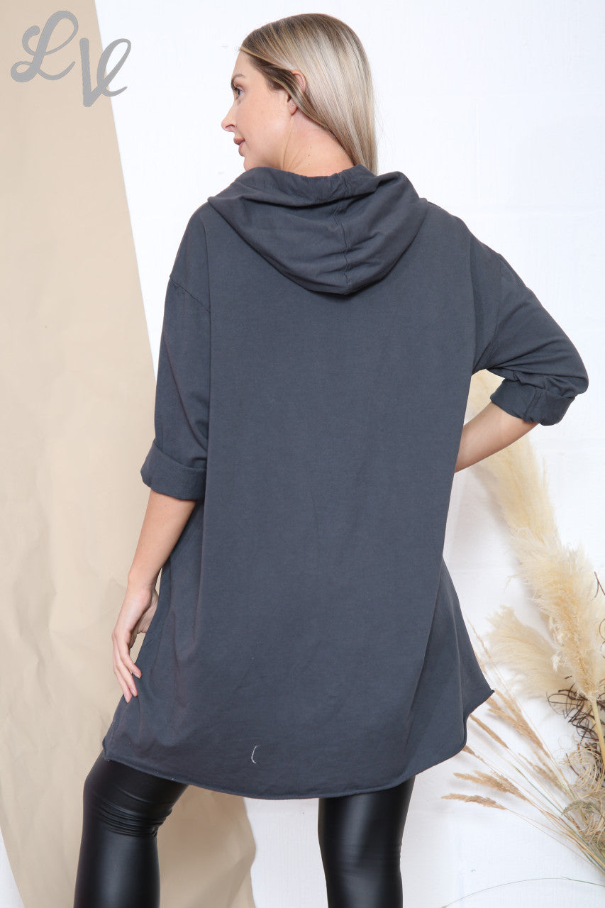 Ladies Sequin Cut Out Detail Hooded Tunic Top Charcoal Unit Price £12.99