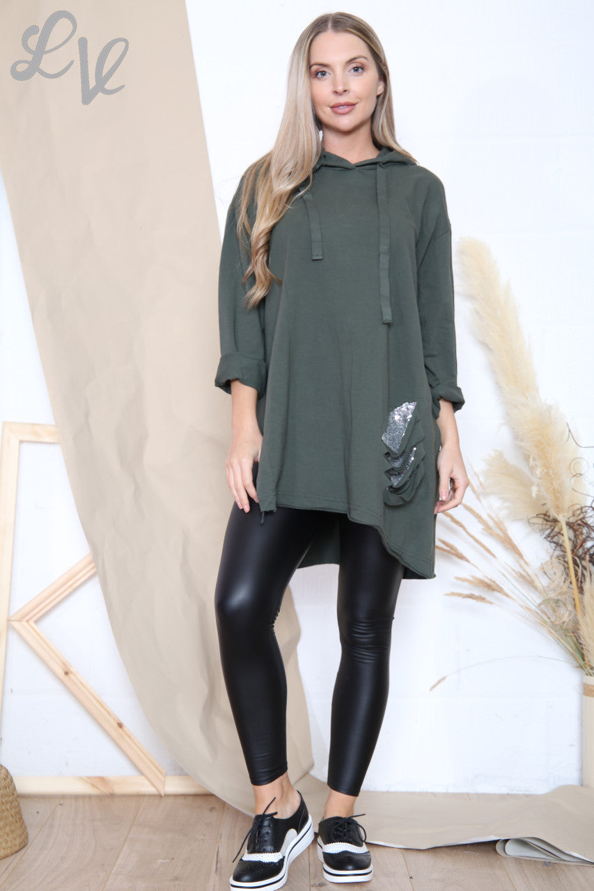 Ladies Sequin Cut Out Detail Hooded Tunic Top Khaki Unit Price £12.99