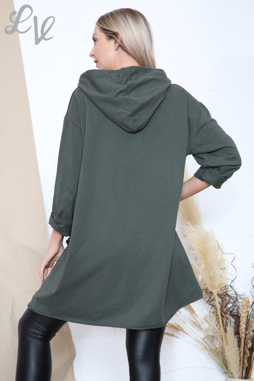 Ladies Sequin Cut Out Detail Hooded Tunic Top Khaki Unit Price £12.99