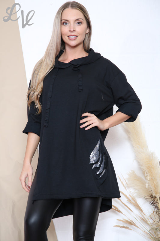 Ladies Sequin Cut Out Detail Hooded Tunic Top Black Unit Price £12.99