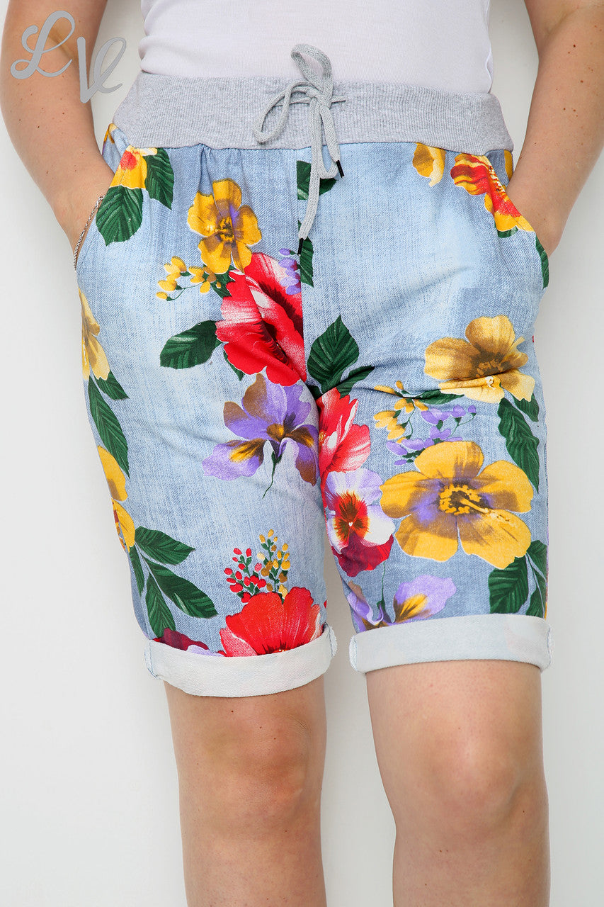Dames Plus Size Bloemenklaprozenprint Denim Shorts - Stukprijs €6,50