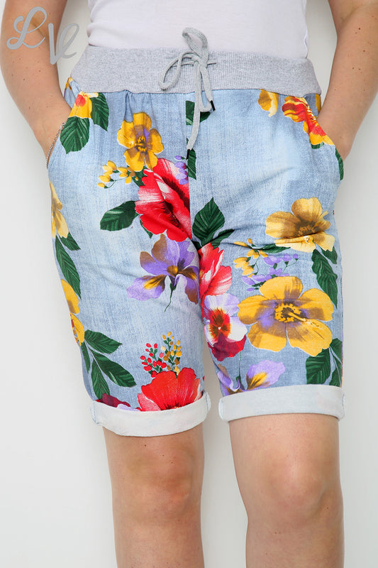 Dames Plus Size Bloemenklaprozenprint Denim Shorts - Stukprijs €6,50
