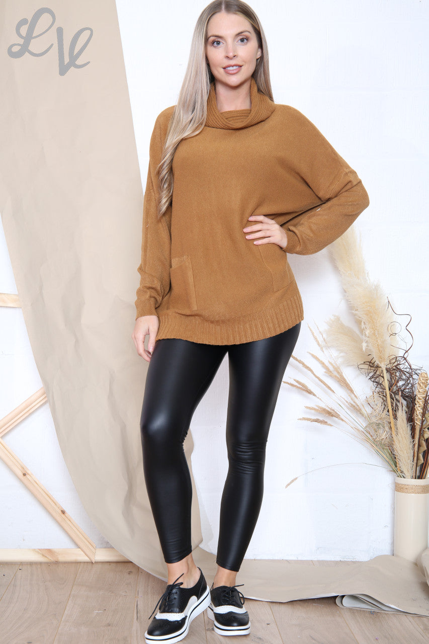 Ladies Ribbed Roll Neck Fine Knit Jumper Top Tan Unit Price WAS £17.99 NOW £12.99
