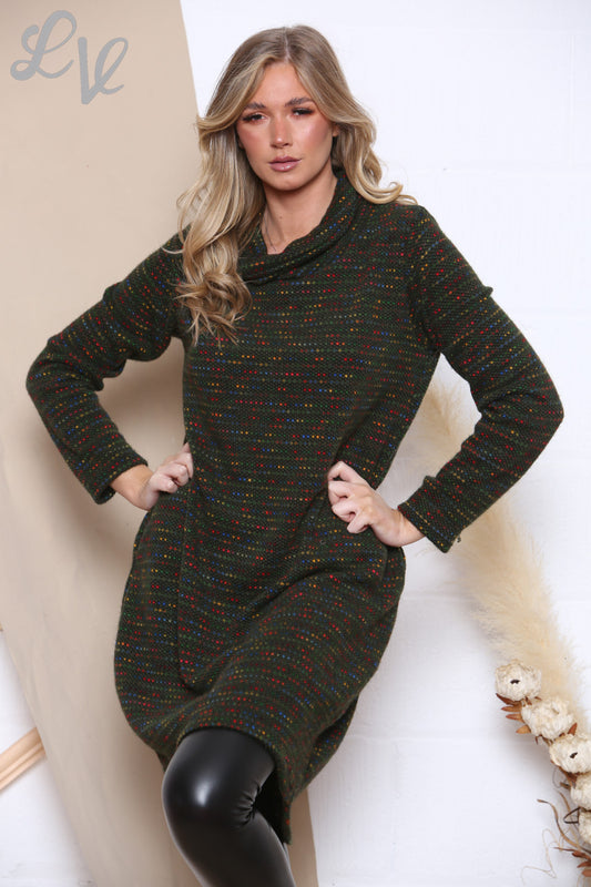 Dames gebreide tuniekjurk met col, veelkleurig, kaki, eenheidsprijs £7,99