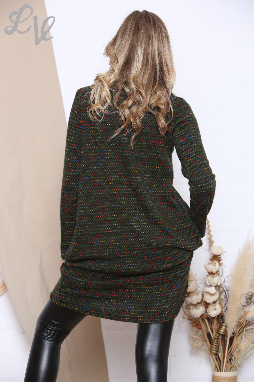 Ladies Cowl Neck Multicoloured Knitted Tunic Dress Khaki Unit Price £7.99