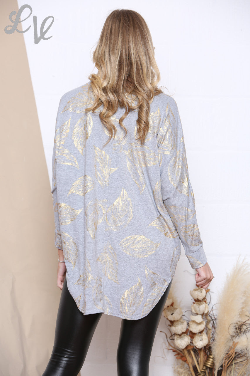 Copy of Ladies Gold Leaf Print Top Grey Unit Price £5.99