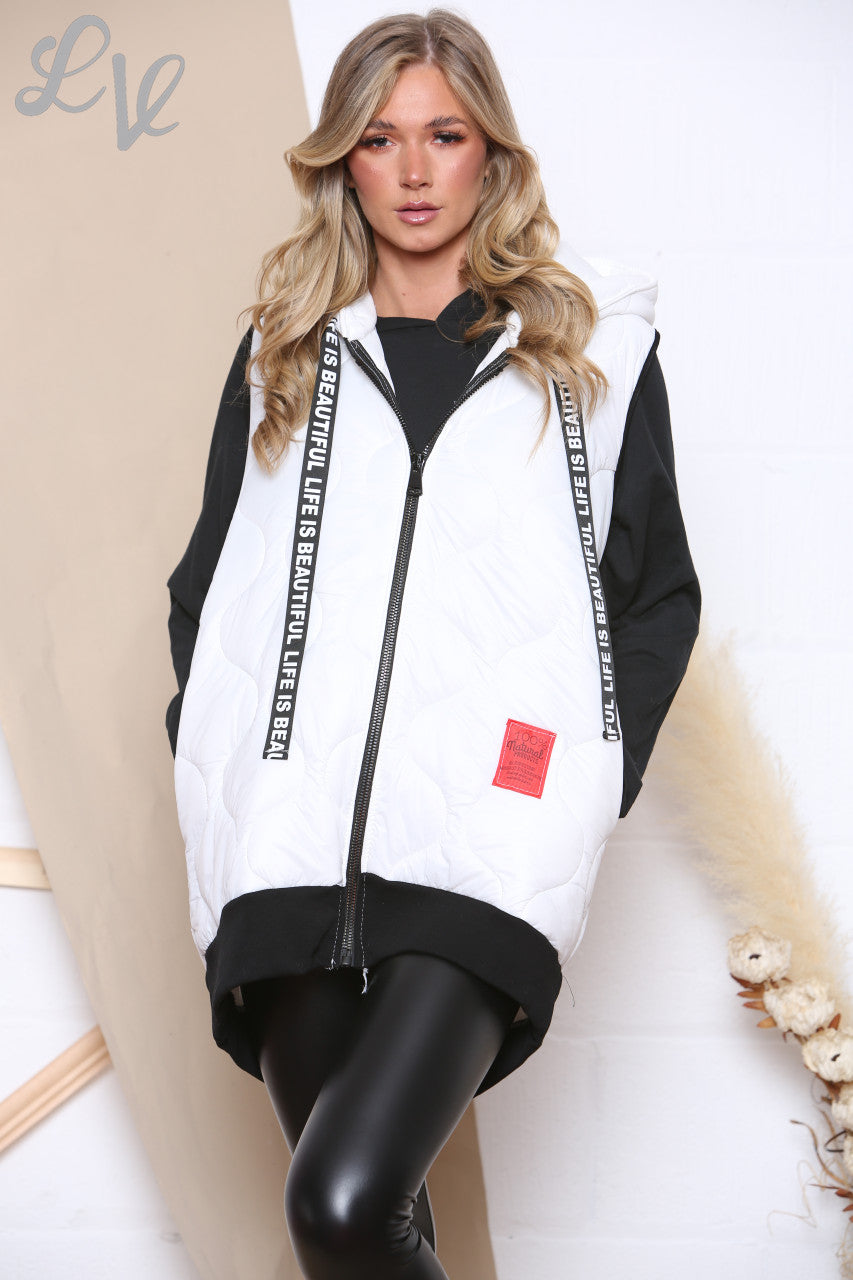 Dames Life Is Beautiful Tapes Gewatteerde Gilet met Capuchon Wit