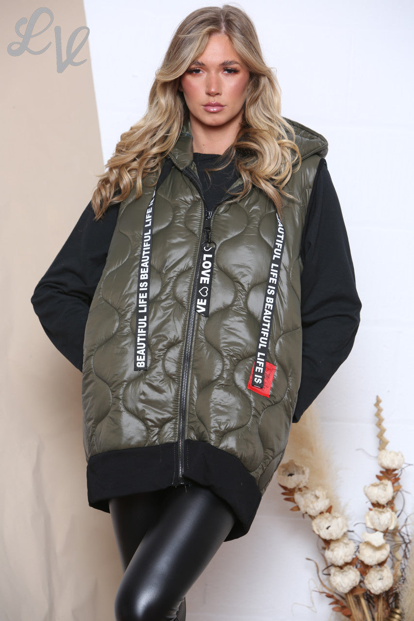 Ladies Life Is Beautiful Tapes Quilted Hooded Gilet Khaki