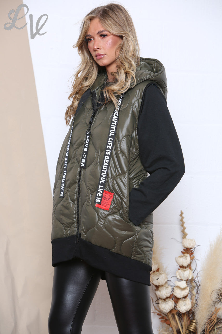 Ladies Life Is Beautiful Tapes Quilted Hooded Gilet Khaki