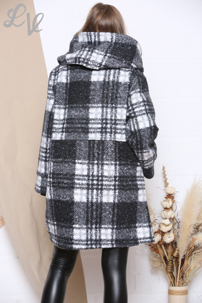 Ladies Checked Boiled Wool Hooded Coat Black Unit Price WAS £21.99 NOW £17.99