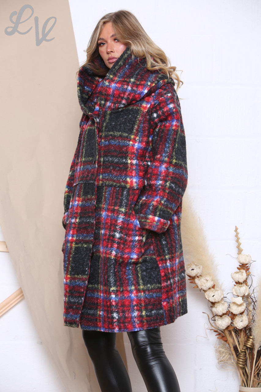 Ladies Checked Boiled Wool Hooded Coat Red Unit Price £17.99