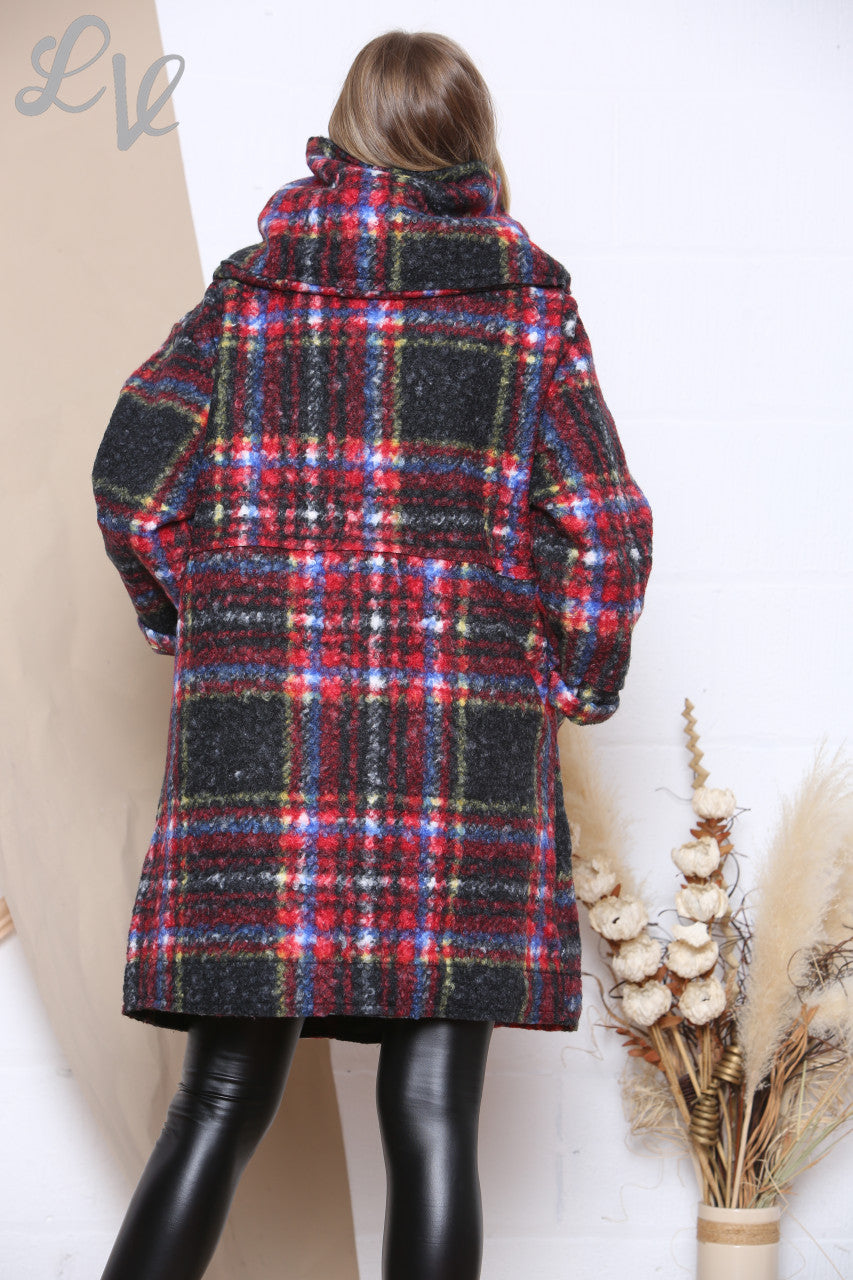 Ladies Checked Boiled Wool Hooded Coat Red Unit Price £17.99