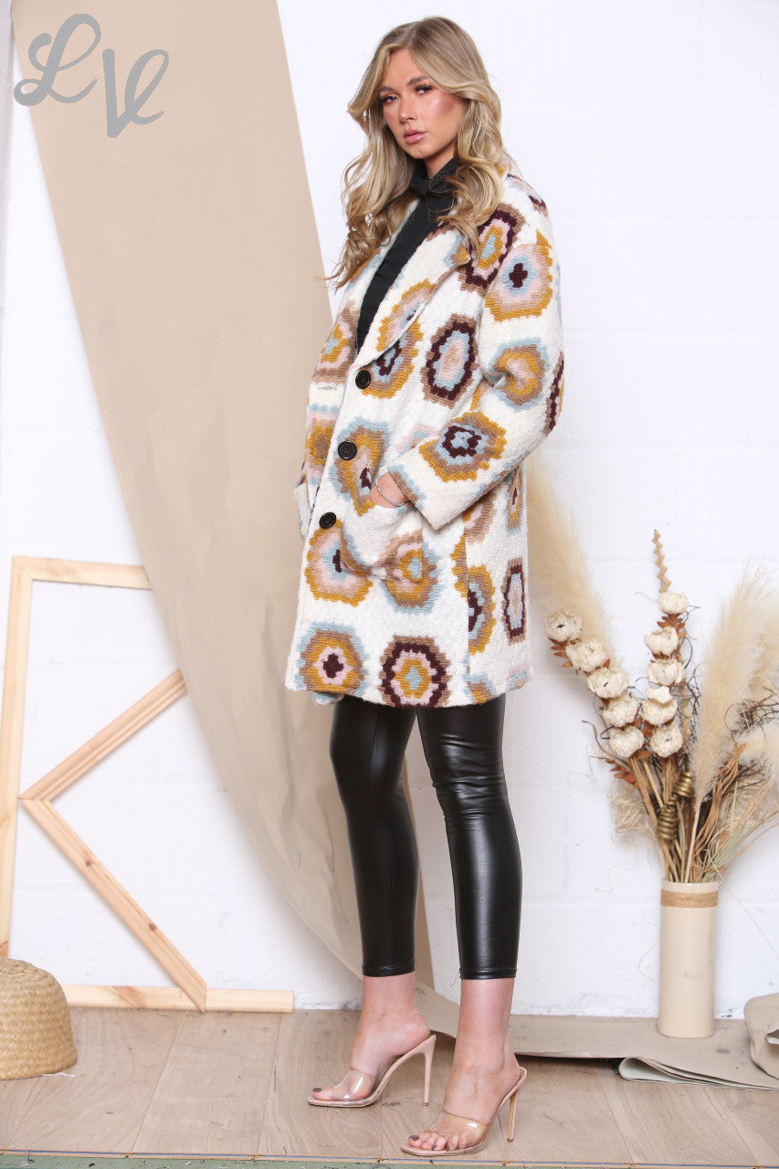 Ladies Breasted Flower Print Coat White Unit Price WAS £24.99 NOW £9.99