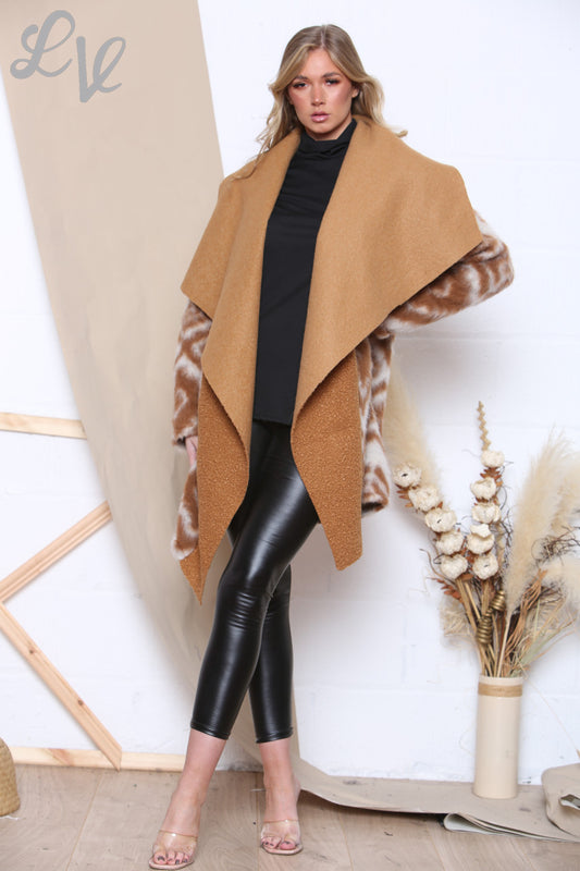 Damesjas Met Imitatiebont Contrasterende Coatigan Beige Stukprijs WAS £24,99 NU £9,99