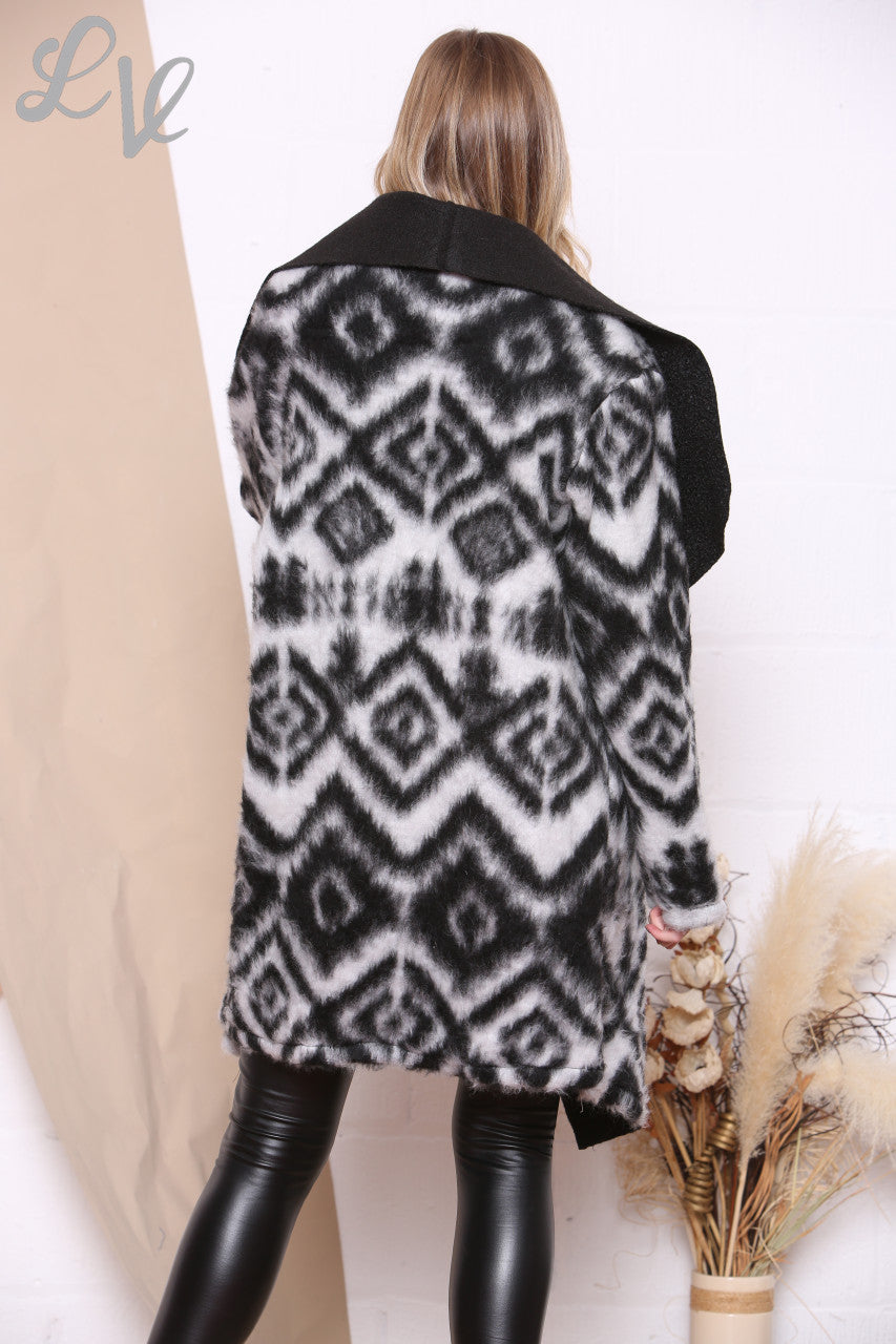 Dames patroon faux fur contrast coatigan zwart stukprijs € 22,99