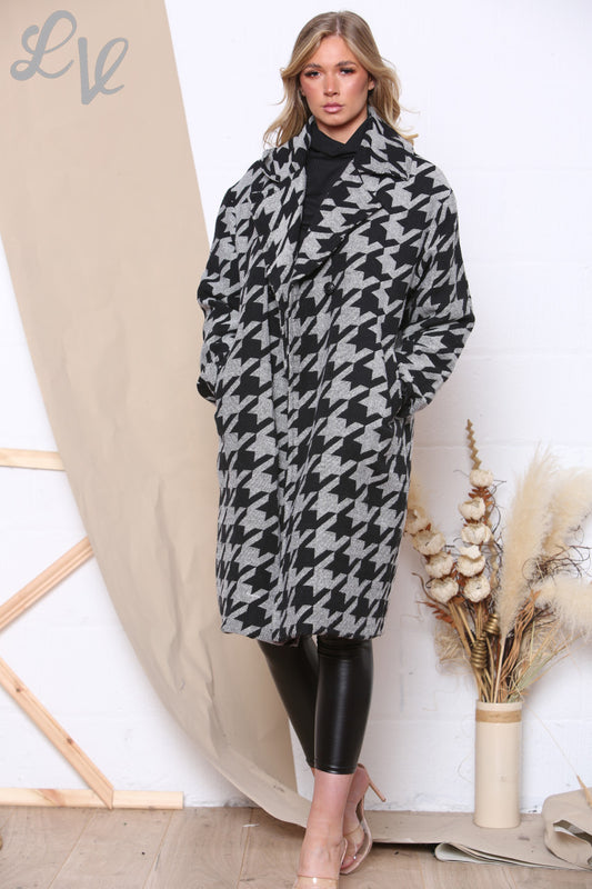 Dames Double Breasted Jas Met Hondentandprint Zwart Prijs WAS €24,99 NU €9,99