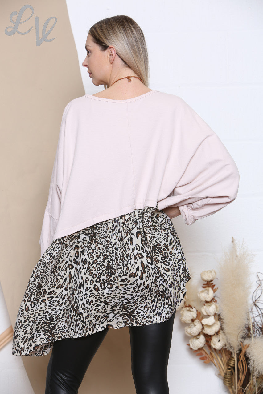 Dames Lagenlook Floaty Top met Luipaardprint en Ketting Dusty Roze