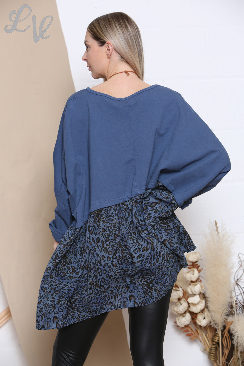 Dames Lagenlook Wijde Top Met Luipaardprint En Ketting Marineblauw