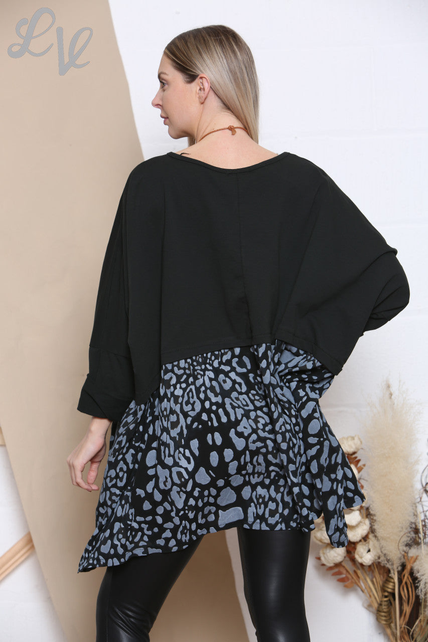 Dames Lagenlook Floaty Top met Luipaardprint en Ketting Zwart