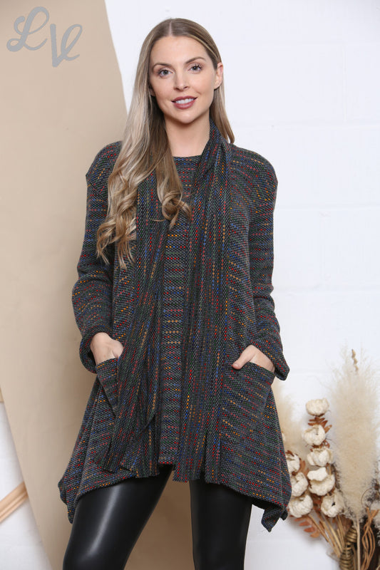 Ladies Multicoloured Knit Tunic Jumper Top With Scarf Charcoal