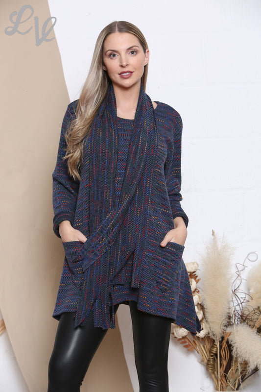 Ladies Multicoloured Knit Tunic Jumper Top With Scarf Denim