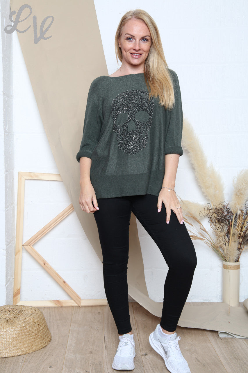Dames Fijngebreide Top met Pailletten Doodshoofd Kaki Stukprijs £11,99